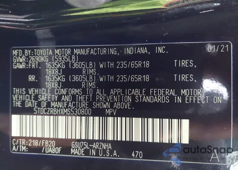 2021 Toyota Highlander L z USA, uszkodzony, nr VIN 5TDCZRBHXMS530800